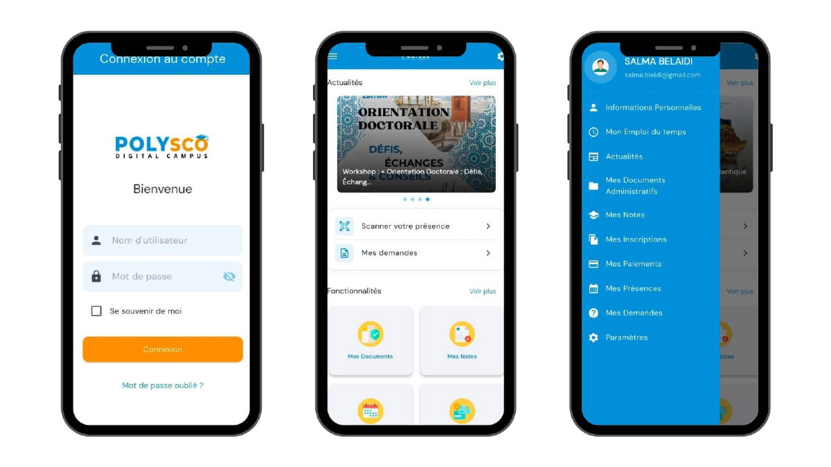 Trois écrans de l'application mobile POLYSCO : connexion, accueil avec actualités et scan de présence, menu de l'étudiant